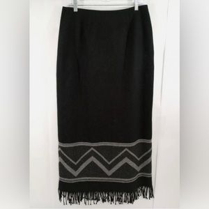 VINTAGE 90s Nine & Co southwest Black Wool Blanket Fringe Trim Maxi Wrap Skirt